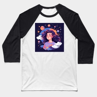 Woman with sweet dreams concept Young girl with galaxy and universe at hairs Baseball T-Shirt